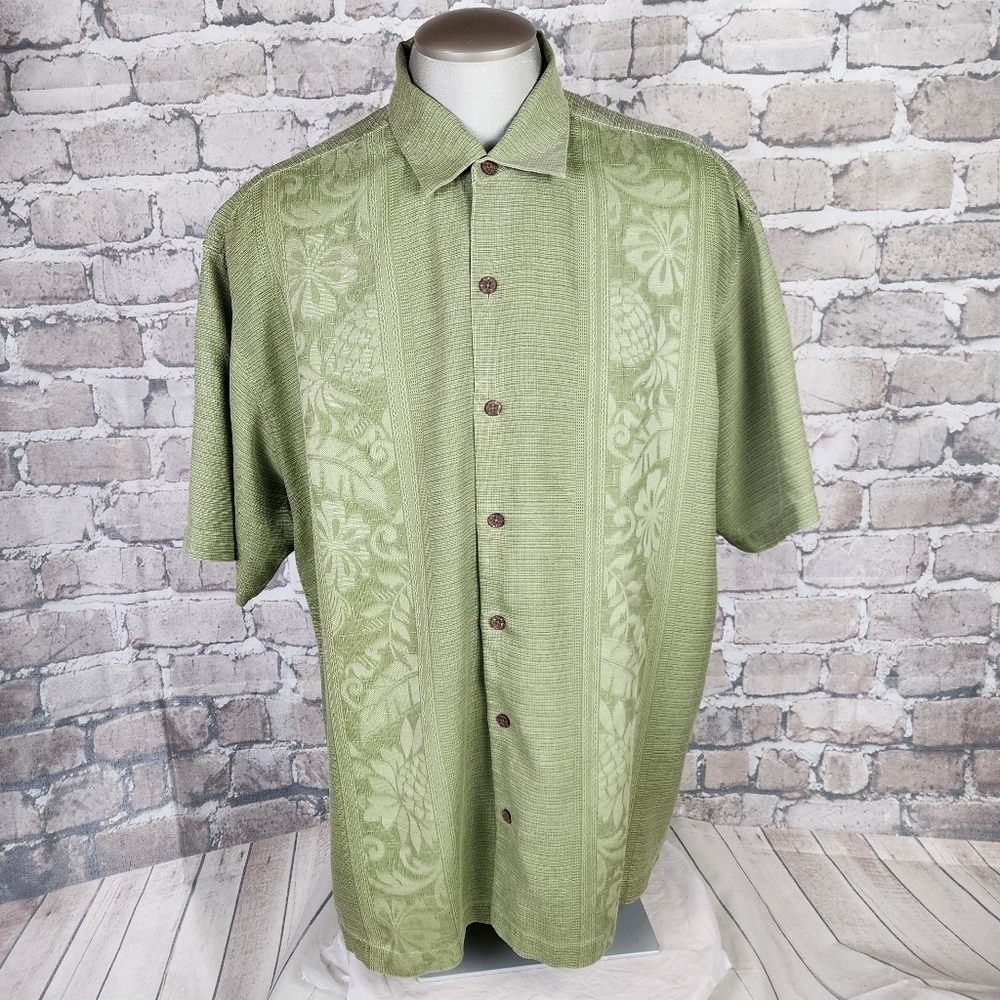 Tommy Bahama Silk Hawaiian Shirt Hibiscus Flower Damask  Avocado Green XLX - Picture 4 of 16